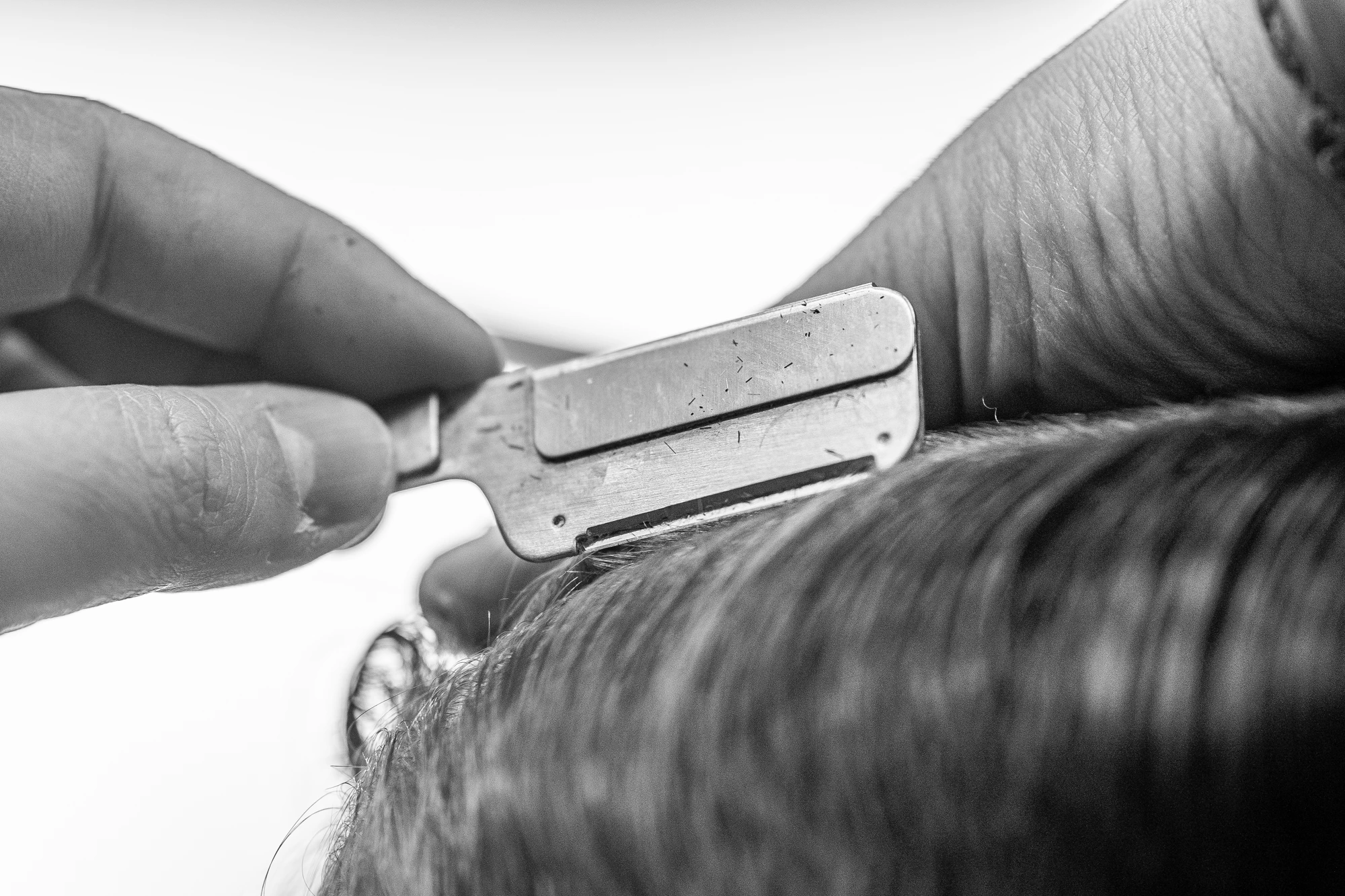 Macro of a closed safety razor on curly hair